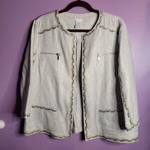 Chico's Light Jacket w Faux Snake Skin Trim Zippers Open Front 3